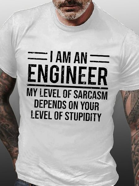 

Mens My Level Of Sarcasm Depend On Your Level Of Stupidity Funny Graphic Print Text Letters Crew Neck Cotton T-Shirt, White, T-shirts