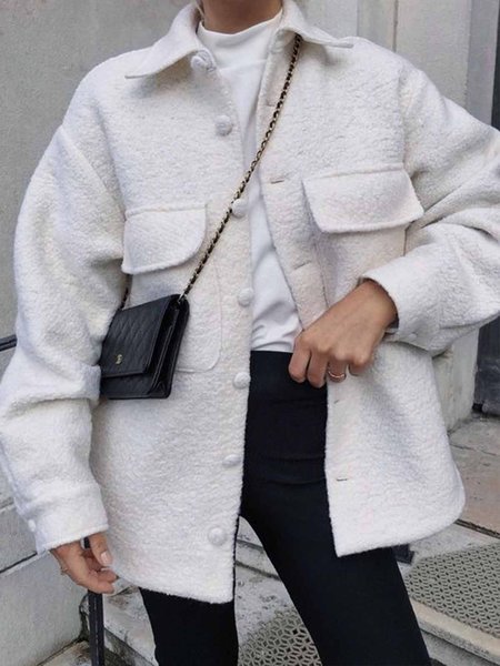 

Daily Long sleeve Plain Shirt Collar Elegant Jacket, Off white, Jackets