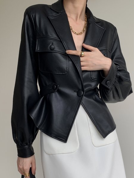 

Long sleeve Plain Urban Lapel Collar Jacket, Black, Jackets