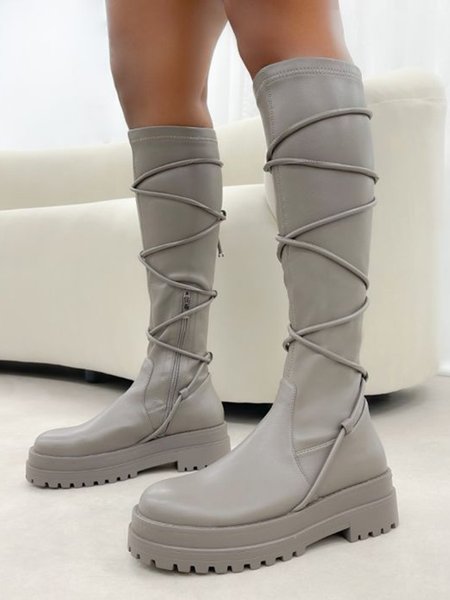 

Plain Lace Up Straight Boots, Gray, Boots