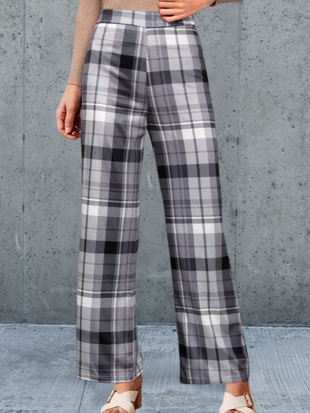 

Urban Tartan Print Grey Wide Leg Elastic Waist Pants, Gray, Pants