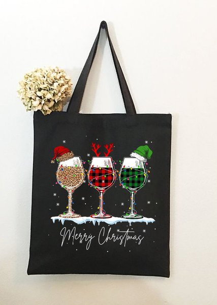 

Merry Christmas Glasses Graphic Shopping Tote, Black, Bags