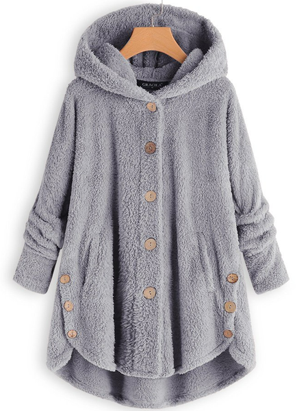 

Cozy Fleece Hooded Sherpa Coat Symmetrical Button Teddy Bear Coat, Gray, Coats