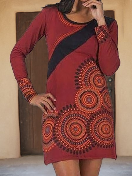 

Geometric Crew Neck Ethnic Dresses, Red, Mini Dresses