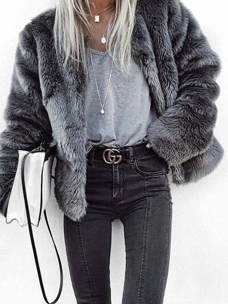 Loose Urban Crew Neck Long sleeve Teddy Jacket, Gray, Others