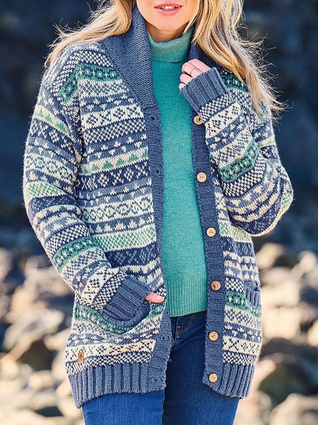 

Regular Fit Color Block Ethnic Sweater Coat, Blue, Outerwear