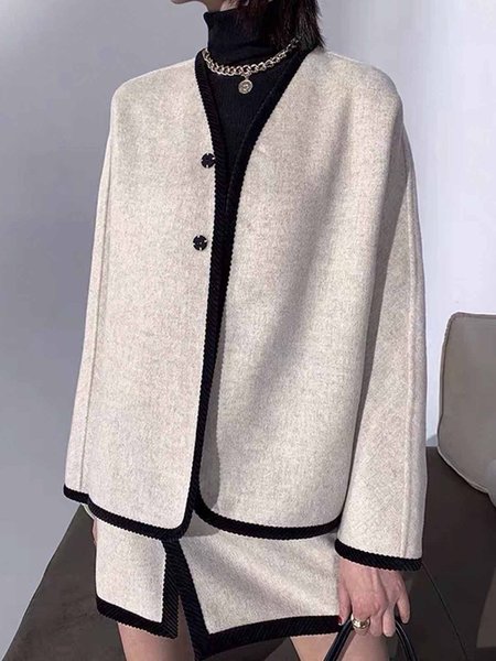 

Long sleeve Color Block Crew Neck Elegant Jacket, Apricot, Jackets