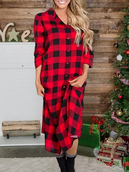

Shirt Collar Christmas Loose Dress, Red, Midi Dresses