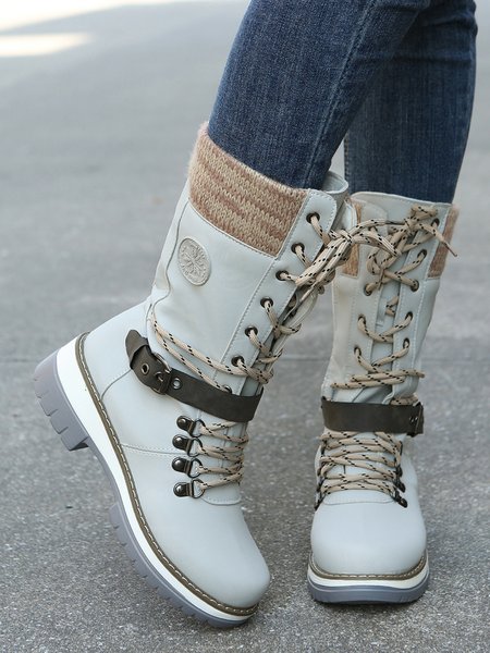 

KNIT WOOL PANEL BUCKLE LACES Casual Hiking Boots, Off white, Boots