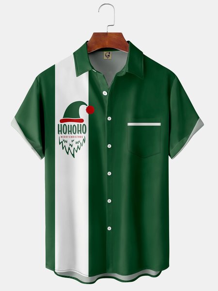 

Christmas Chest Pocket Short Sleeve Bowling Shirt, Green, Men Shirts
