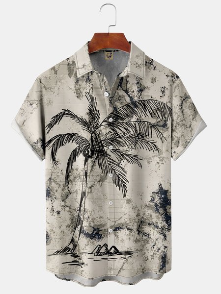 Coconut Tree Chest Pocket Short Sleeve Hawaiian Shirt, Khaki, Men Shirts