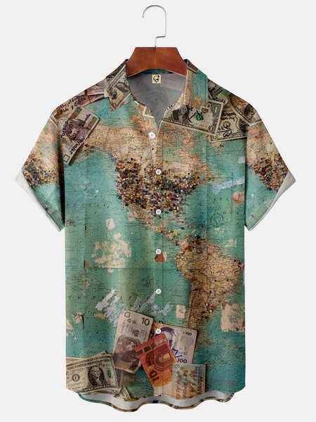 

Map Chest Pocket Short Sleeve Shirt, Green, Men Shirts