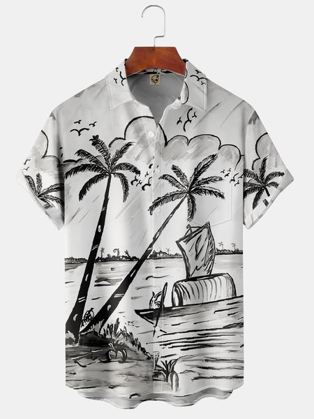 Coconut Tree Chest Pocket Short Sleeve Hawaiian Shirt, Gray, Men Shirts