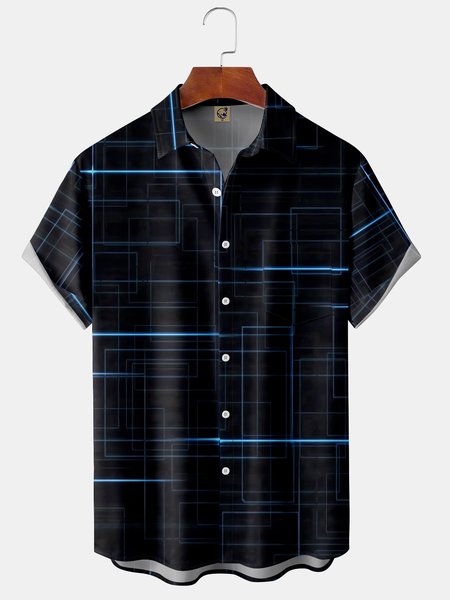 

Geometric Chest Pocket Short Sleeve Shirt, Black, Men Shirts