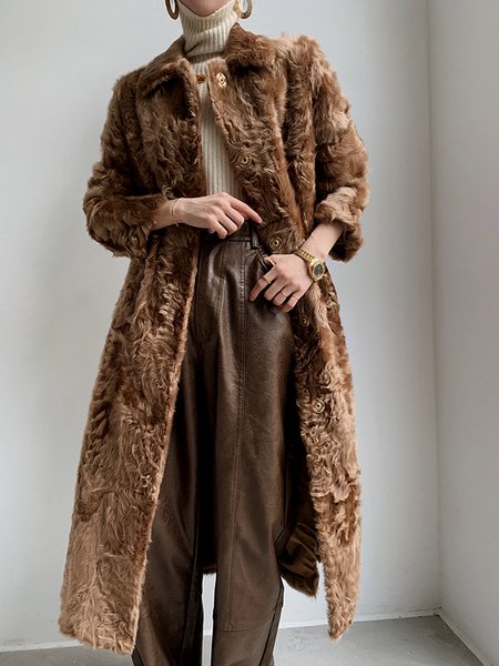 

Loose Plain Shawl Collar Teddy Jacket, Brown, Others