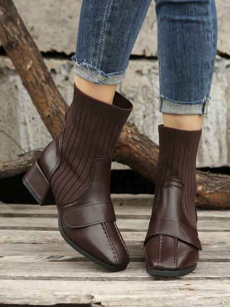 

Wool Panel Block Heel Square Heel Sock Boots, Brown, Boots
