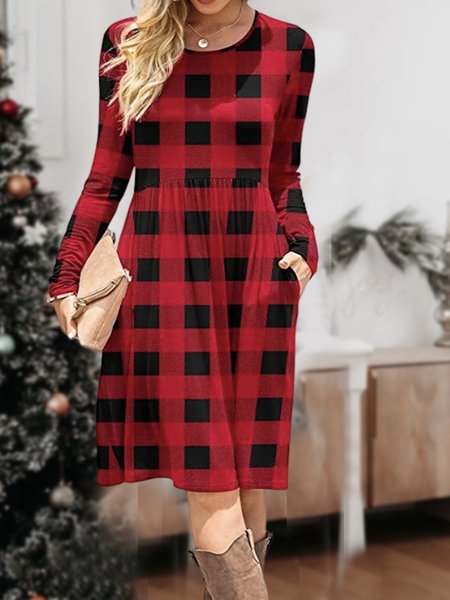 

Loose Plaid Christmas Casual Dresses, Red, Mini Dresses