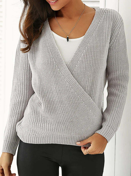 

Casual V Neck Wool/Knitting Plain Sweater Without Cami, Gray, Sweaters