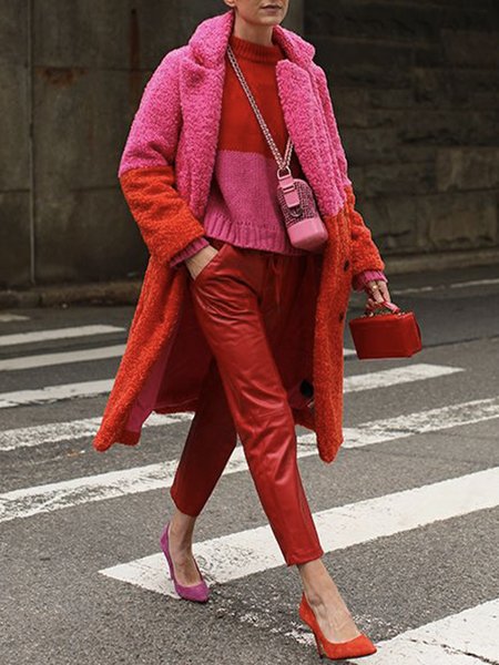 

Long sleeve Loose Color Block Teddy Jacket, Red, Others
