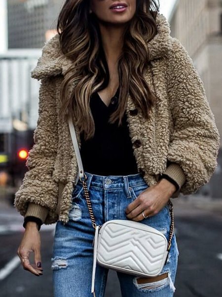 

Casual Shawl Collar Plain Teddy Jacket, Camel, Others