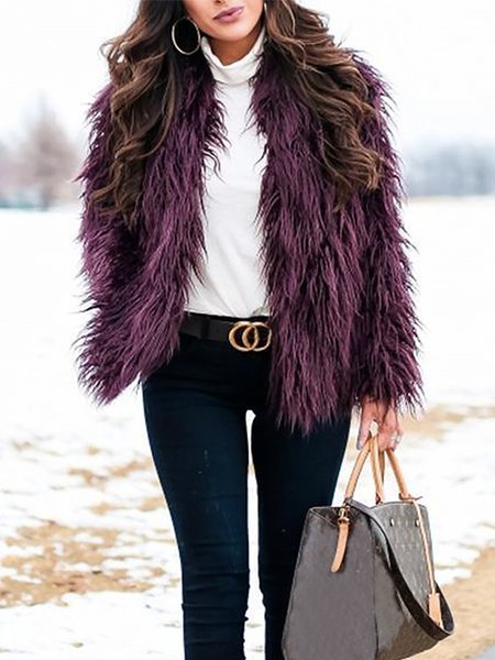 

Loose Elegant Plain Long Sleeve Teddy Jacket, Purple, Others
