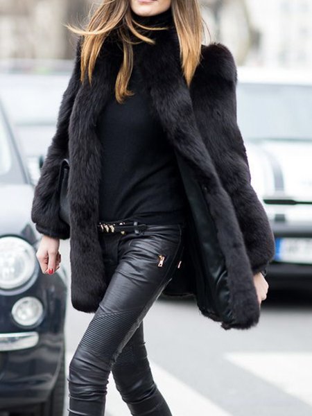 

Long Sleeve Loose Simple Crew Neck Teddy Jacket, Black, Others