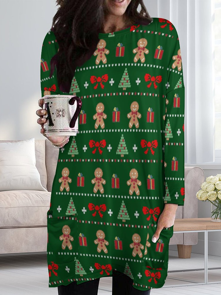 

Lilicloth x Iqs Gingerbread Man Christmas Present Christmas Tree Pattern Women's Casual T-shirt Dresses, As picture, Dresses