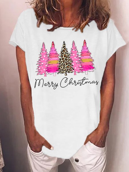 

Women's Christmas Tree Graphic Print Crew Neck Cotton-Blend Casual T-Shirt, White, T-shirts