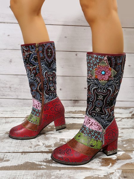 

Vintage Ethnic Patchwork Floral Chunky Heel Boots, Red, Boots