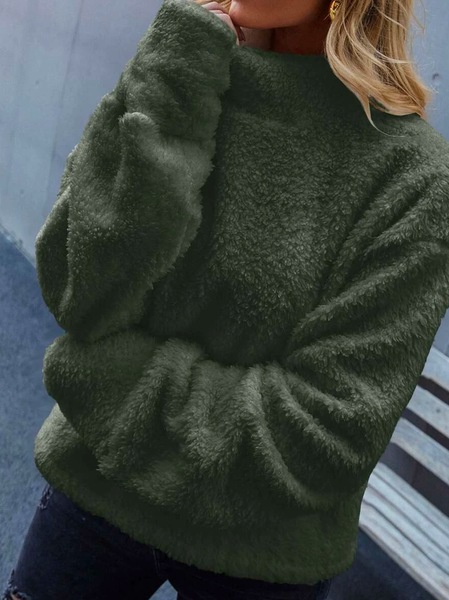 

High Neck Drop Shoulder Teddy Plain Sweatshirt, Green, Hoodies & Sweatshirts