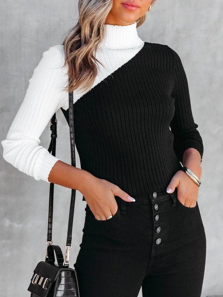 

Turtleneck Color Block Regular Fit Sweater, Black, Pullovers