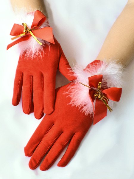 Christmas Red Feather Bell Christmas Gloves Holiday Party Matching Gloves Stretch Gloves, Gloves