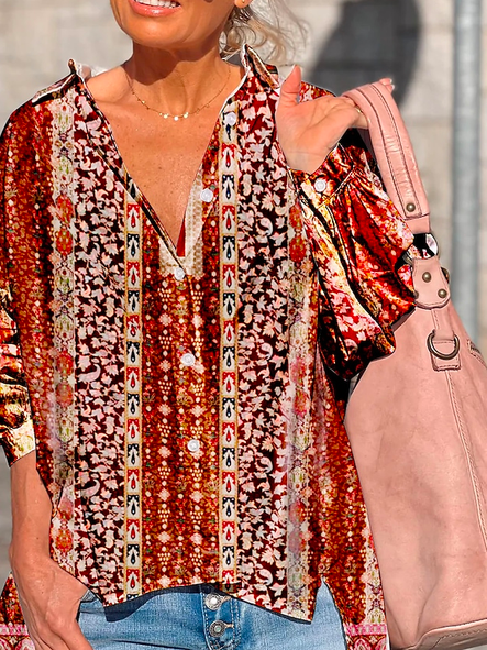 

Boho Shirt Collar Ethnic Blouse, Red, Shirts & Blouses