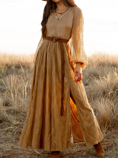 

V neck Regular Fit Casual Lace Plain Dresses, Yellow, Dresses