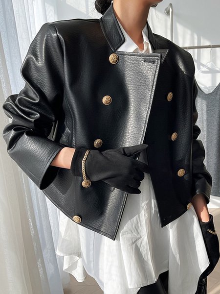 

Urban Plain Stand Collar Double Breasted Jacket, Black, Jackets