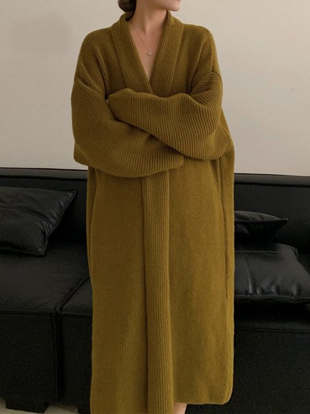 

Casual Long Sleeve Plain Loose Sweater Coat, Yellow, Cardigans