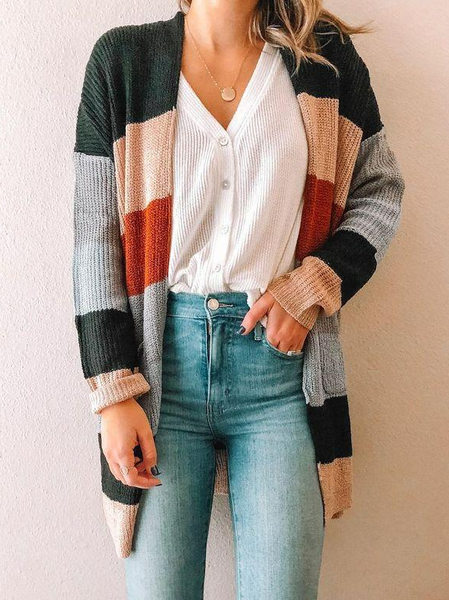 

Color Block Casual Loose Sweater Coat, Multicolor, Sweaters