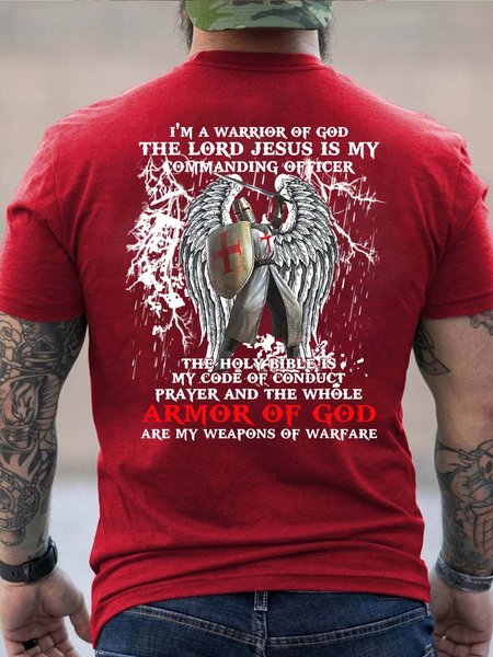 

Men I’m A Warrior Of God The Lord Jesus Is My Commanding Officer Cotton T-Shirt, Red, T-shirts