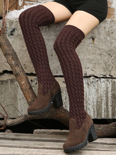 

Knitted Stitching Block Heel Super High Socks Boots, Brown, Boots