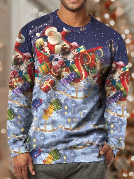 

Men Merry Christmas Santa Claus Moose Crew Neck Casual Sweatshirt, As picture, Hoodies&Sweatshirts