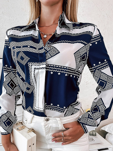 

Regular Fit Shirt Collar Long sleeve Geometric Blouse, Blue, Blouses and Shirts