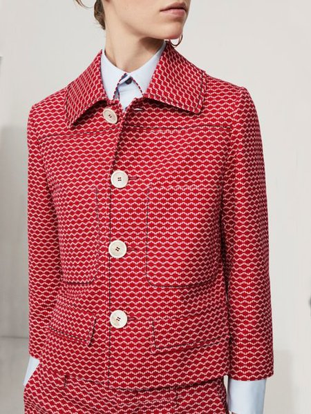 

Elegant Long Sleeve Shirt Collar Print Jacket, Red, Jackets