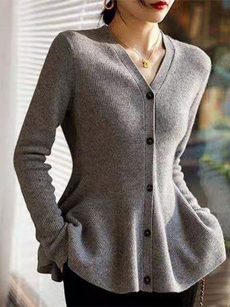 

Regular Fit V Neck Casual Buttoned Sweater, Gray, Sweaters & Cardigans
