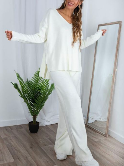 

V Neck Casual Two-Piece Set, White, Suit Set