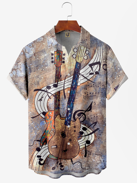 

Music Guitar Chest Pocket Short Sleeve Casual Shirt, Khaki, Men Shirts