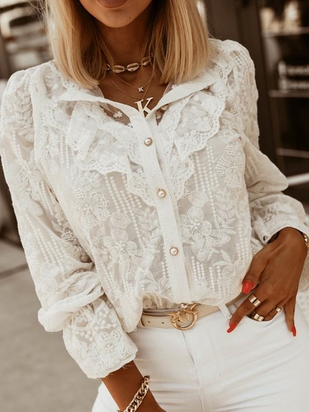 

Plain V Neck Regular Fit lace Top, White, Blouses & Shirts