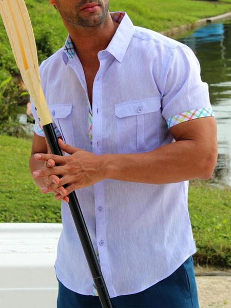 

Plaid Panel Chest Pocket Short Sleeve casual Shirt, As picture, Men Shirts