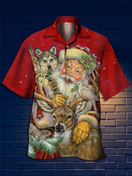 

Santa Claus Pocket Short Sleeve Bowling Shirt, Red, Men Shirts