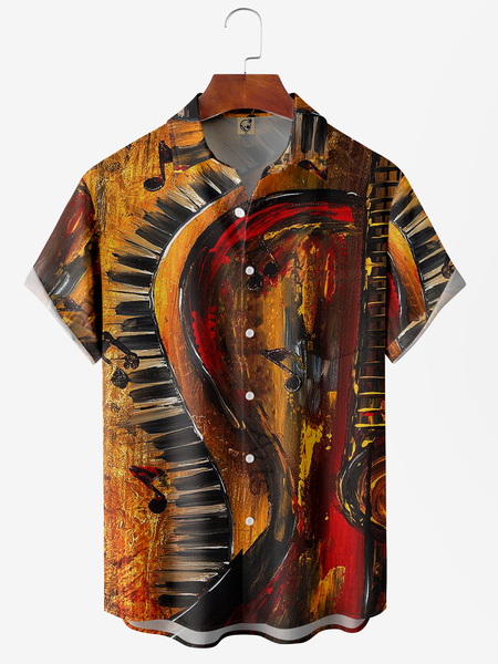 

Music Guitar Chest Pocket Short Sleeve Casual Shirt, Coffee, Men Shirts