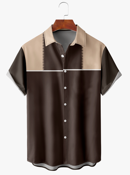 Contrasting Colors Short Sleeve Casual Shirt, Coffee, Men Shirts